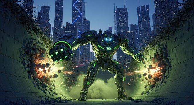 A gigantic robotic machine bursts through a concrete tunnel, creating rubble and green dust under a dark futuristic cityscape of chaos, giant, dark, technology
