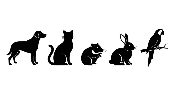 Black silhouettes of dog cat hamster rabbit and parrot on white background with wildlife animal icon pet