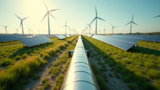 Green Hydrogen Pipeline With Wind Turbines and Solar Farms