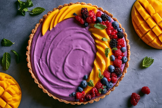 Tart with purple sweet potato cream, decorated with mango slices and berries