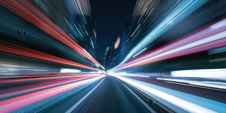Urban Highway at Night with Vibrant Traffic Light Trails and Illuminated City Skyline