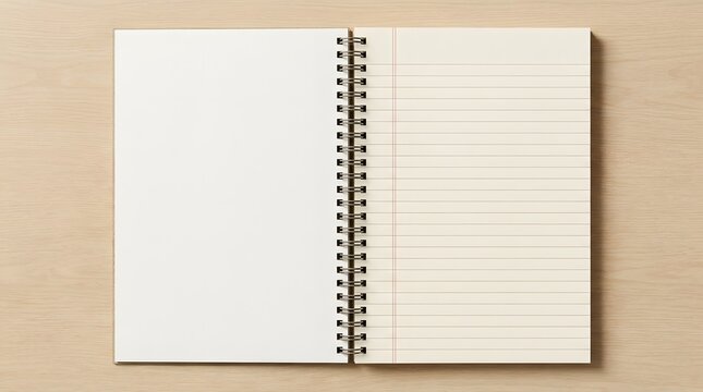 Blank open spiral notebook on light wooden surface for creative writing and stationery mockup.