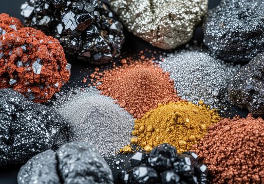 A macro view of raw mineral ores and shimmering metallic powders used for modern technology, displaying diverse textures and deep earth tones, manufacturing, sustainability, science