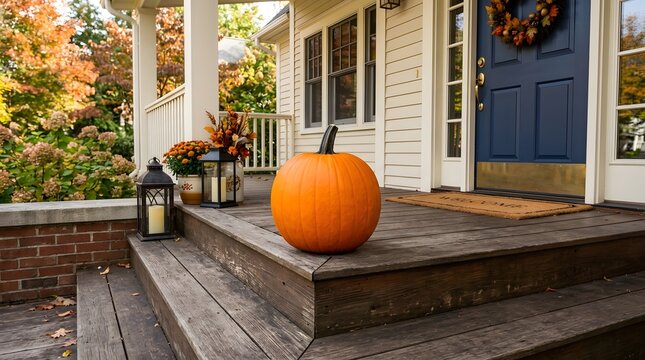 Large orange pumpkin on wooden porch steps near blue front door with autumn wreath decoration.