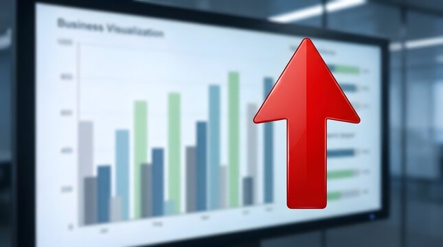 Large red arrow pointing upward in front of business data visualization chart screen.
