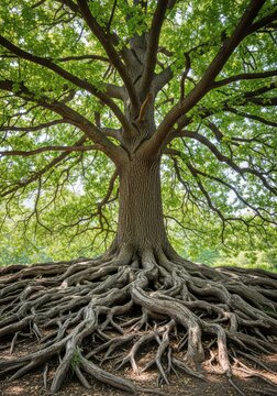 A majestic oak tree stands tall with a massive network of intricate roots spread across the ground, revealing natural strength and beauty, nature, sunlight, roots