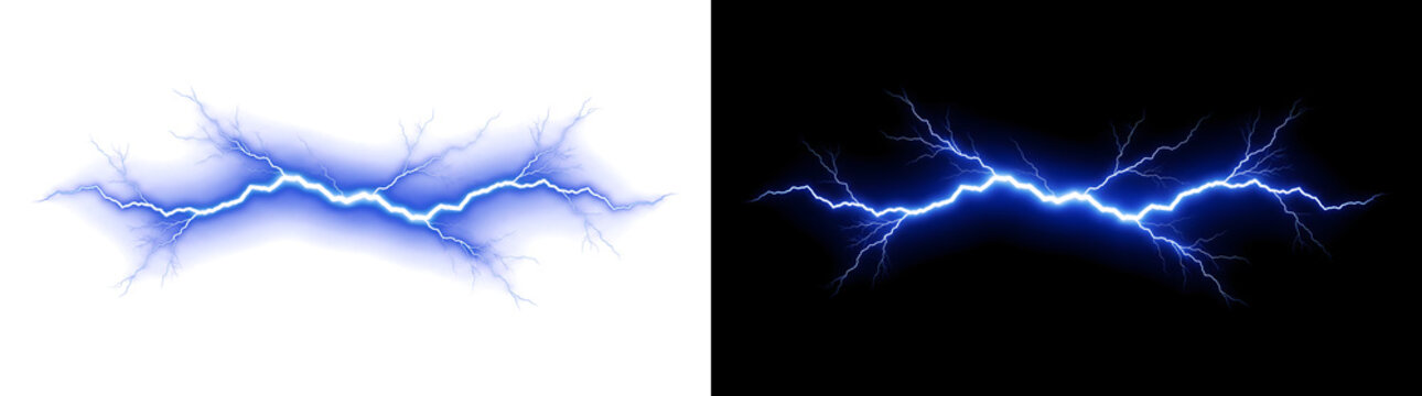 Powerful electric lightning bolt with branching blue thunder energy crackling with PNG, Transparent and Black Background Versions