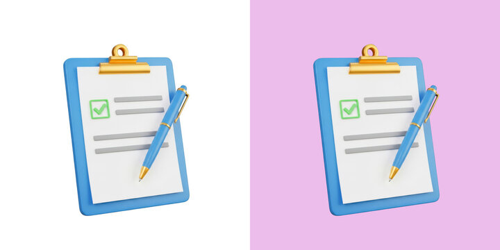 Blue clipboard with paper document and a pen 3d icon png