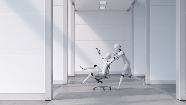 Robot pushing a cheering friend on a chair through the office