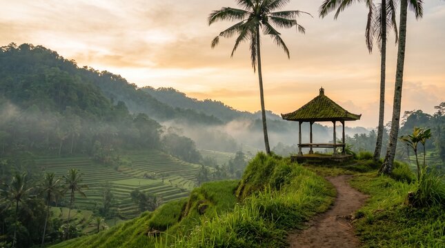 Lush terraced rice fields in Bali with a traditional bamboo hut, irrigation canal, wooden bridge, and misty mountains creating a peaceful tropical landscape.