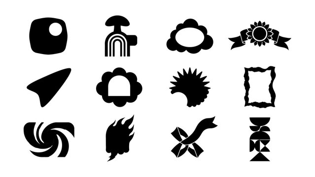 Set of twelve minimalist black icons featuring nature and abstract symbols on transparent background