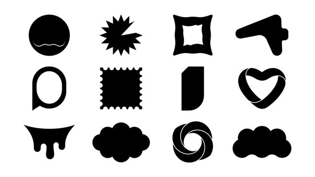 Collection of twelve unique abstract black silhouette icons on transparent background