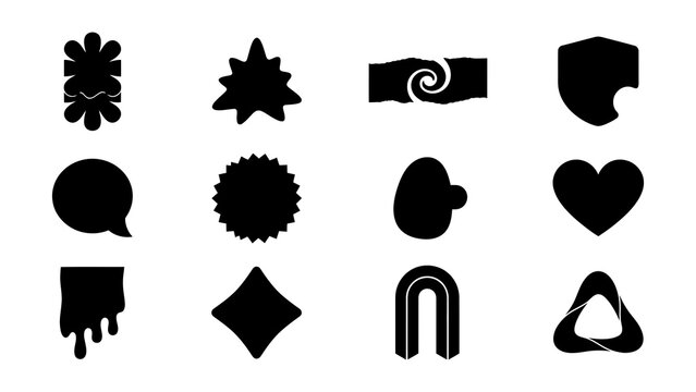 Set of twelve minimalist black icons featuring abstract shapes and symbols on transparent background