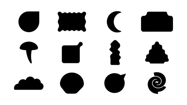 Set of twelve minimalist black silhouette icons on transparent background