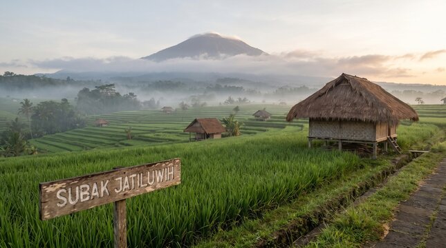 Scenic view of Jatiluwih rice terraces in Bali with a traditional bamboo hut, lush green fields, misty mountain, and peaceful rural landscape at sunrise