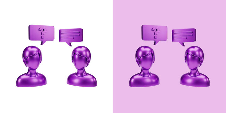 Two 3D purple people talking with question and message bubbles png