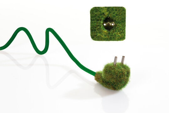 Plug socket and wire with grass on white background