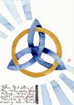 Watercolor painting of a Celtic triquetra knot with asemic writing