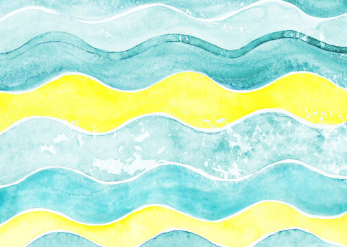 Abstract watercolor painting shows blue and yellow ocean waves