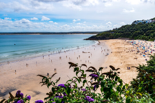 The scenic coast features a sandy beach and sea in St Ives Cornwall