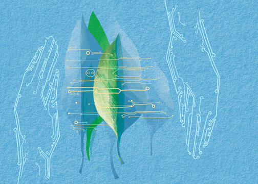 Circuit board hand protecting a leaf representing green technology