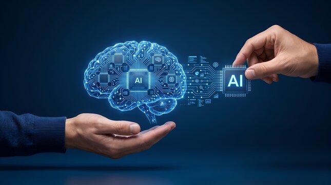 Integrating artificial intelligence microchip into a glowing digital brain representing machine learning advancement