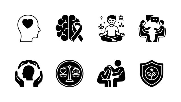 Mental health awareness. Filled icon set of Mental health awareness: head with heart, brain with awareness ribbon, person practicing self care, supportive conversation, hands protecting mind,