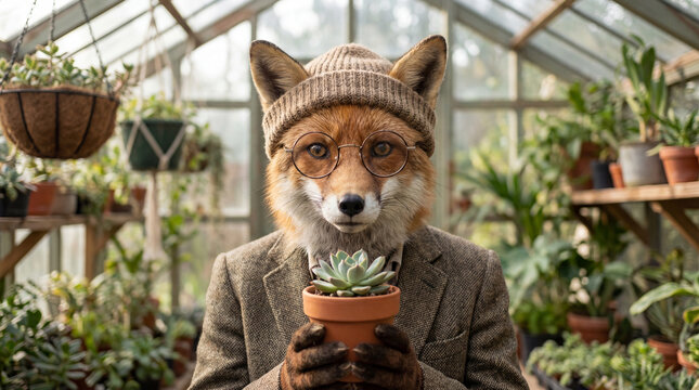 Fox holding flowers in garden, creative anthropomorphic lifestyle scene exploring animal behavior, responsible care, companionship, wellbeing, humane values, education, modern lifestyle