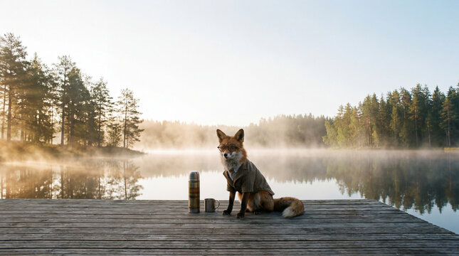 Fox meditating in forest, creative anthropomorphic lifestyle scene exploring animal behavior, responsible care, companionship, wellbeing, humane values, education, modern lifestyle