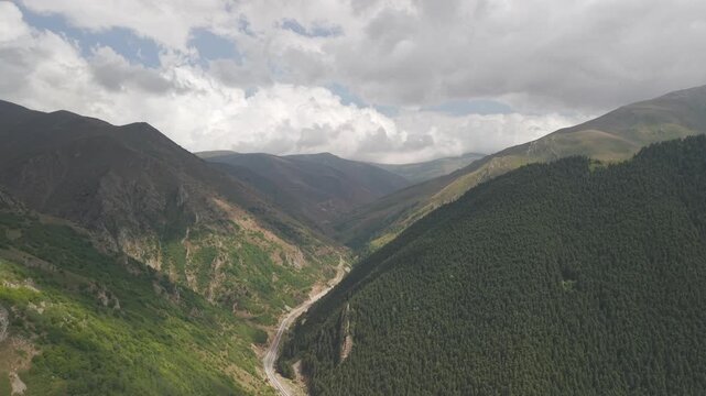 4K 10-bit drone shot flying forward over dense green pine forests with a winding mountain highway below in Gumushane, Turkey