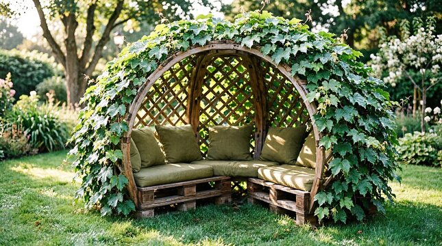 Green leafy domed gazebo with cushions in lush garden