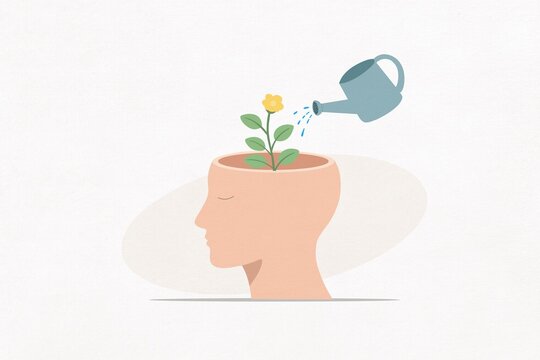 Watering can nurtures a flower growing from an open human head