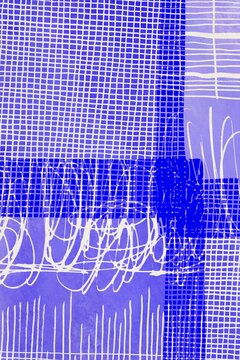 The abstract grid pattern features blue and purple texture