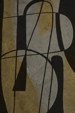 The abstract painting features geometric shapes and black lines