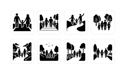 Fototapeta premium Family walking in the park. Filled icon set of Family walking in the park: family walking together, parents holding child hands, family strolling on path, family beside park trees, parents walking