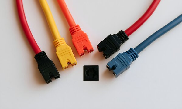  a single socket in the center, three or four unplugged cables of clearly different colors (different vendors) angled toward it, any one of which obviously fits