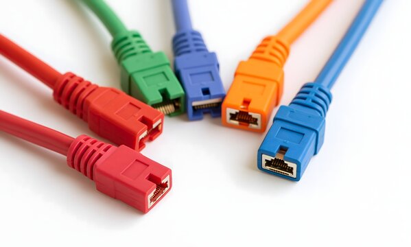  a single socket in the center, three or four unplugged cables of clearly different colors (different vendors) angled toward it, any one of which obviously fits