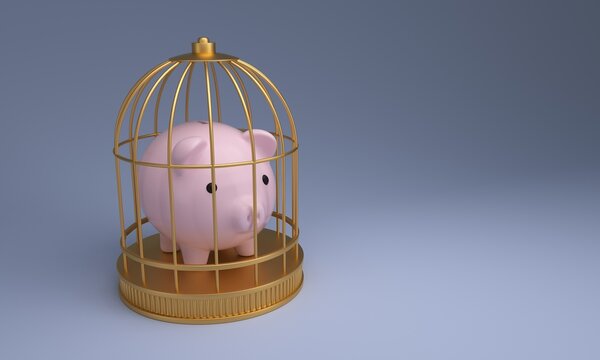 A golden birdcage traps a pink piggy bank inside