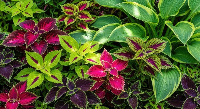 A vibrant summer garden showcasing a dense arrangement of colorful coleus leaves and lush green hostas under soft, dappled sunlight, tranquil, garden, coleus