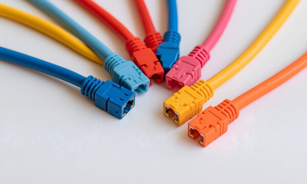  a single socket in the center, three or four unplugged cables of clearly different colors (different vendors) angled toward it, any one of which obviously fits