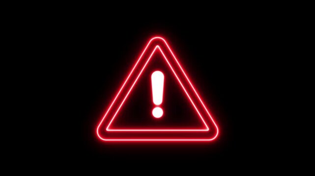 Red warning triangle sign. Animation of glowing neon warning attention icon. Alert, risk, safety, road warning sign animation on black background. warning sign with exclamation mark animation.