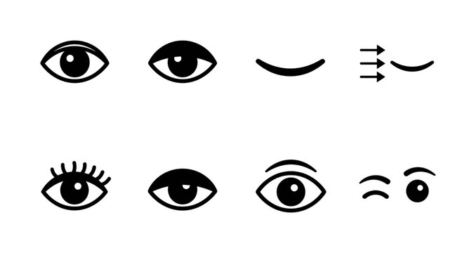 Blinking. Filled icon set of Blinking: open eye, closed eye, half-closed eye, blinking eye sequence, eye with eyelashes, sleepy eye, surprised eye, winking eye. Solid icons set. All icons in only
