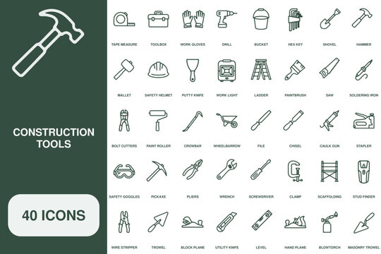 Collection of construction tool icons with plain backgrounds and clear labels