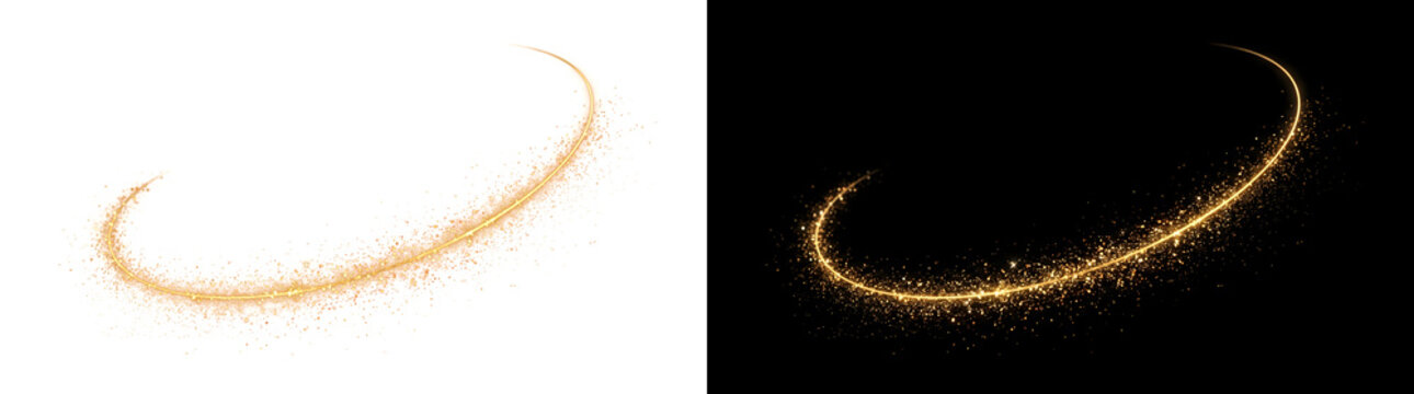 Golden Sparkle swirl trail of glowing light curving upward with shimmering glitter dust used in design with PNG, Transparent and Black Background Versions ready