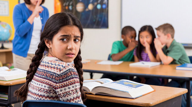 Sad schoolgirl looking back anxiously at classmates whispering and gossiping behind her back in a classroom
