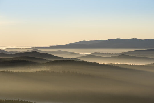 Germany, Bavaria, Lower Bavaria, Bavarian Forest National Park, near Finsterau, View from Siebensteinkopf, morning fog and National Park Sumava in Czechia