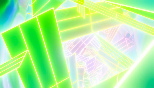 Glowing green geometric structures form a modern abstract tunnel