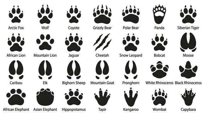 Wildlife animal tracks collection with paw and hoof prints silhouettes