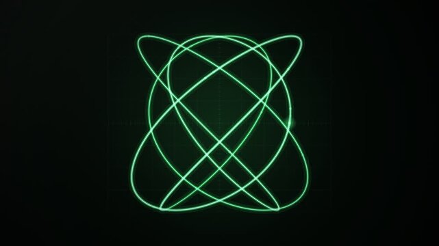 Green phosphor oscilloscope drawing Lissajous figures that morph into one another, seamless loop background and overlay