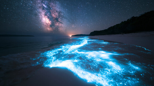 Bioluminescent Plankton Glowing on Beach Shore Under Milky Way